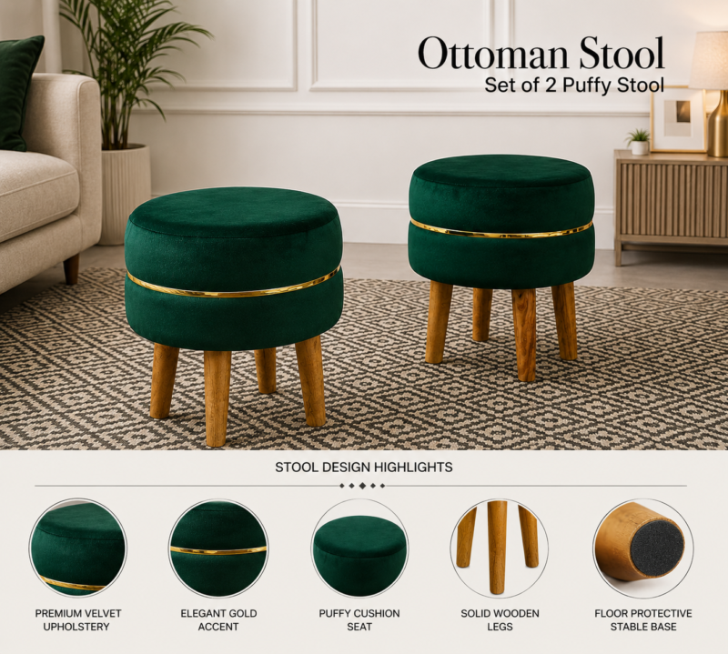 Velvet Ottoman Stool | Round Foot Rest for Living Room | Dressing Table Makeup Stool | Upholstered Puffy Seat with Solid Wood Legs | Bedroom, Vanity & Home Decor | 38 x 38 cm (15 x 15 Inch) Set of 2