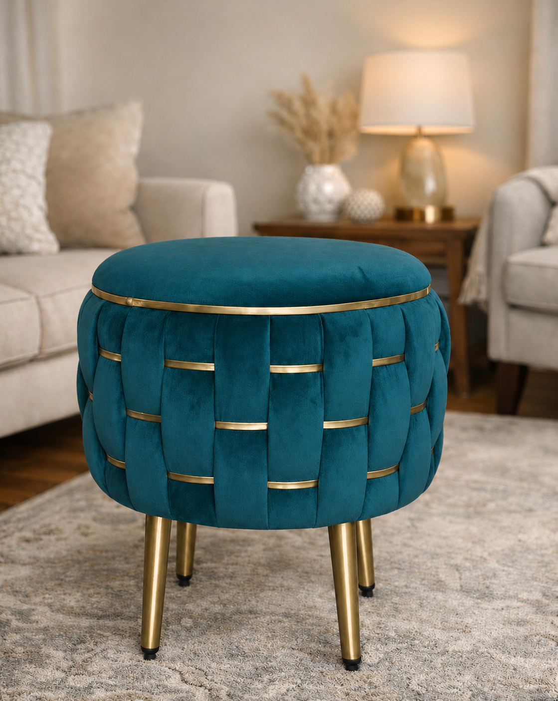 Half Knotted Ottoman Velvet Puffy Stool Set of 2 | Round Upholstered Foot Rest with Golden Metal Accent & Solid Wood Legs | Luxury Ottoman for Living Room, Bedroom, Makeup Vanity & Dressing Table | 15 x 15 Inch (38 x 38 cm)