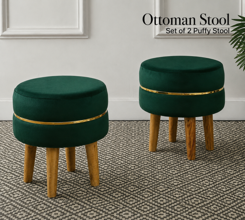 Velvet Ottoman Stool | Round Foot Rest for Living Room | Dressing Table Makeup Stool | Upholstered Puffy Seat with Solid Wood Legs | Bedroom, Vanity & Home Decor | 38 x 38 cm (15 x 15 Inch) Set of 2
