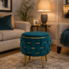 Half Knotted Ottoman Velvet Puffy Stool Set of 2 | Round Upholstered Foot Rest with Golden Metal Accent & Solid Wood Legs | Luxury Ottoman for Living Room, Bedroom, Makeup Vanity & Dressing Table | 15 x 15 Inch (38 x 38 cm)