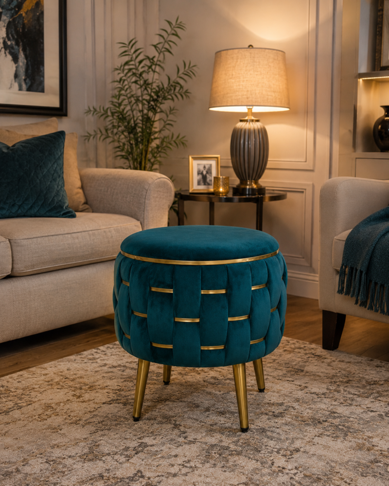 Half Knotted Ottoman Velvet Puffy Stool Set of 2 | Round Upholstered Foot Rest with Golden Metal Accent & Solid Wood Legs | Luxury Ottoman for Living Room, Bedroom, Makeup Vanity & Dressing Table | 15 x 15 Inch (38 x 38 cm)