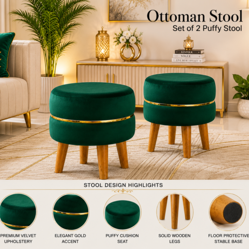 Velvet Ottoman Stool | Round Foot Rest for Living Room | Dressing Table Makeup Stool | Upholstered Puffy Seat with Solid Wood Legs | Bedroom, Vanity & Home Decor | 38 x 38 cm (15 x 15 Inch) Set of 2