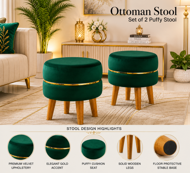 Velvet Ottoman Stool | Round Foot Rest for Living Room | Dressing Table Makeup Stool | Upholstered Puffy Seat with Solid Wood Legs | Bedroom, Vanity & Home Decor | 38 x 38 cm (15 x 15 Inch) Set of 2