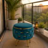 Half Knotted Ottoman Velvet Puffy Stool Set of 2 | Round Upholstered Foot Rest with Golden Metal Accent & Solid Wood Legs | Luxury Ottoman for Living Room, Bedroom, Makeup Vanity & Dressing Table | 15 x 15 Inch (38 x 38 cm)