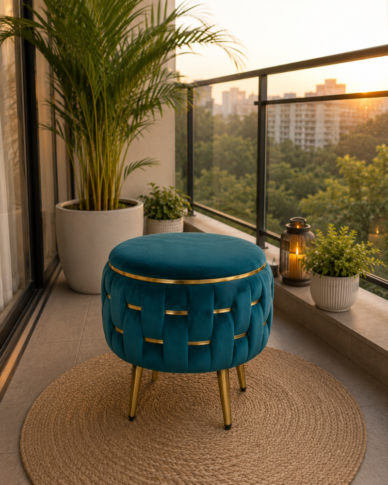 Half Knotted Ottoman Velvet Puffy Stool Set of 2 | Round Upholstered Foot Rest with Golden Metal Accent & Solid Wood Legs | Luxury Ottoman for Living Room, Bedroom, Makeup Vanity & Dressing Table | 15 x 15 Inch (38 x 38 cm)