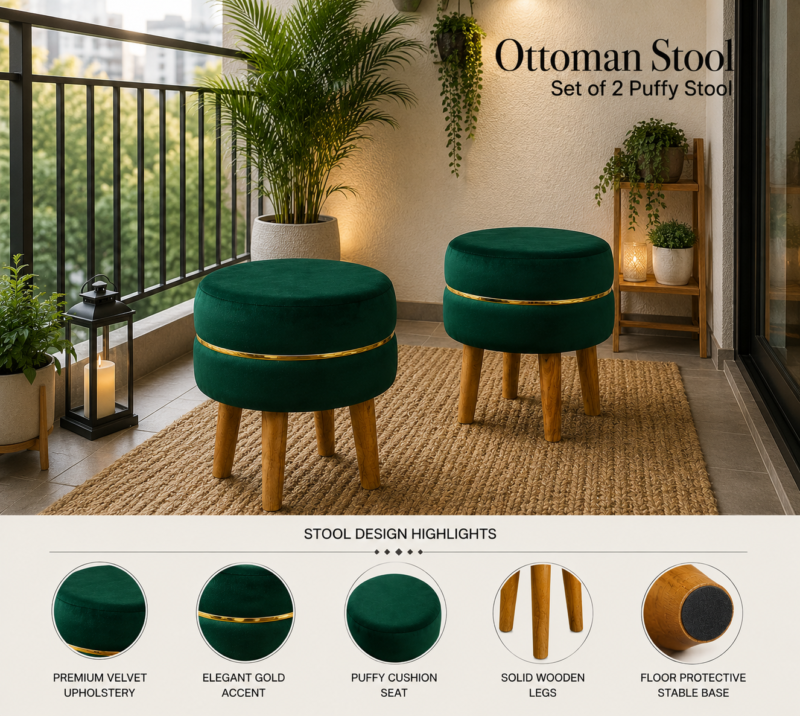 Velvet Ottoman Stool | Round Foot Rest for Living Room | Dressing Table Makeup Stool | Upholstered Puffy Seat with Solid Wood Legs | Bedroom, Vanity & Home Decor | 38 x 38 cm (15 x 15 Inch) Set of 2