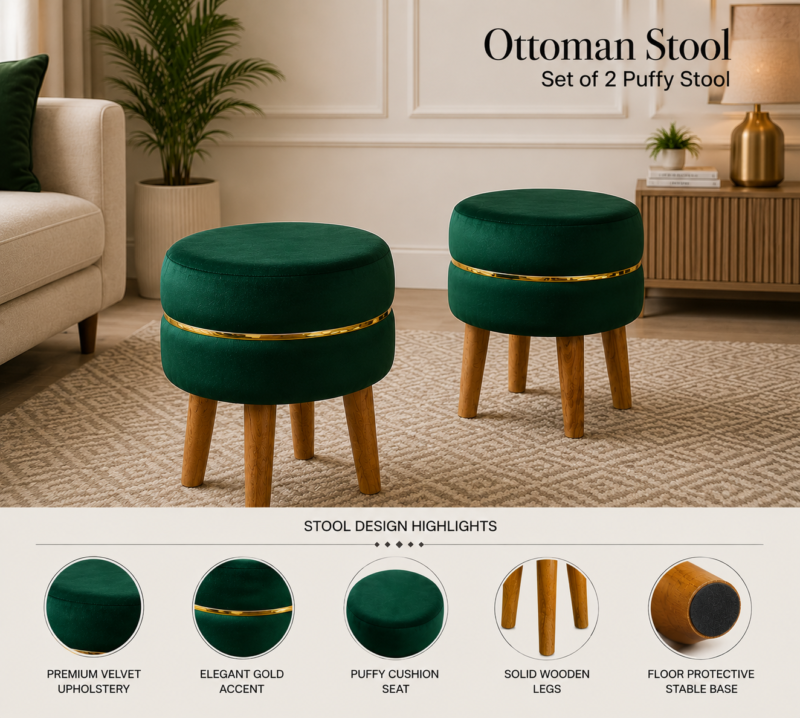 Velvet Ottoman Stool | Round Foot Rest for Living Room | Dressing Table Makeup Stool | Upholstered Puffy Seat with Solid Wood Legs | Bedroom, Vanity & Home Decor | 38 x 38 cm (15 x 15 Inch) Set of 2