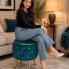 Half Knotted Ottoman Velvet Puffy Stool Set of 2 | Round Upholstered Foot Rest with Golden Metal Accent & Solid Wood Legs | Luxury Ottoman for Living Room, Bedroom, Makeup Vanity & Dressing Table | 15 x 15 Inch (38 x 38 cm)