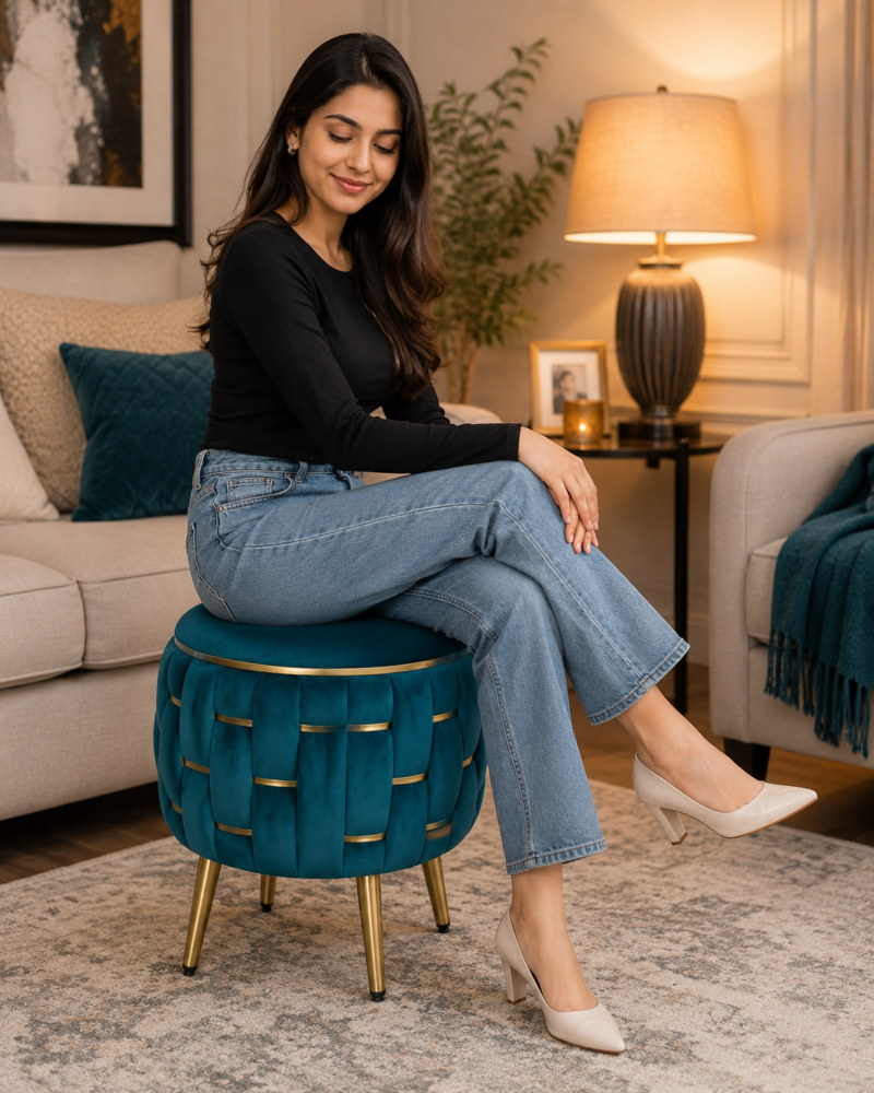 Half Knotted Ottoman Velvet Puffy Stool Set of 2 | Round Upholstered Foot Rest with Golden Metal Accent & Solid Wood Legs | Luxury Ottoman for Living Room, Bedroom, Makeup Vanity & Dressing Table | 15 x 15 Inch (38 x 38 cm)