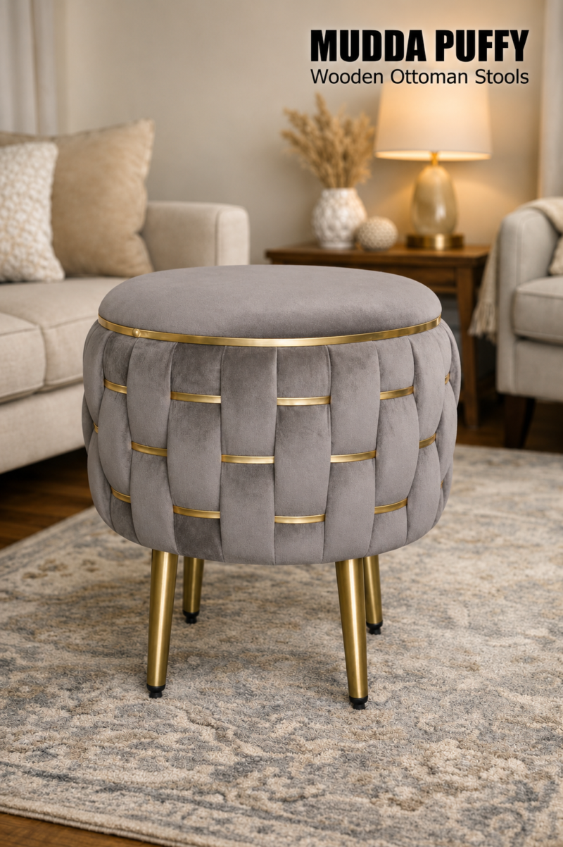Half Knotted Ottoman Velvet Puffy Stool Set of 2 | Round Upholstered Foot Rest with Golden Metal Accent & Solid Wood Legs | Luxury Ottoman for Living Room, Bedroom, Makeup Vanity & Dressing Table | 15 x 15 Inch (38 x 38 cm)