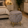 Half Knotted Ottoman Velvet Puffy Stool Set of 2 | Round Upholstered Foot Rest with Golden Metal Accent & Solid Wood Legs | Luxury Ottoman for Living Room, Bedroom, Makeup Vanity & Dressing Table | 15 x 15 Inch (38 x 38 cm)