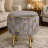 Half Knotted Ottoman Velvet Puffy Stool Set of 2 | Round Upholstered Foot Rest with Golden Metal Accent & Solid Wood Legs | Luxury Ottoman for Living Room, Bedroom, Makeup Vanity & Dressing Table | 15 x 15 Inch (38 x 38 cm)