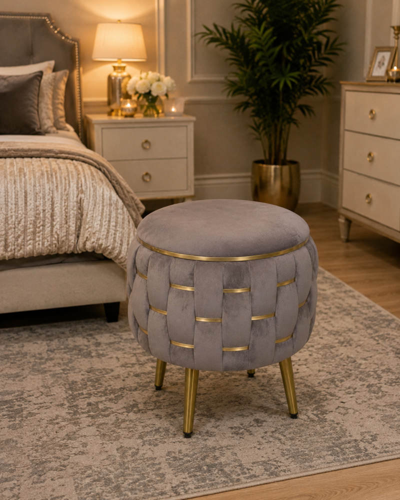 Half Knotted Ottoman Velvet Puffy Stool Set of 2 | Round Upholstered Foot Rest with Golden Metal Accent & Solid Wood Legs | Luxury Ottoman for Living Room, Bedroom, Makeup Vanity & Dressing Table | 15 x 15 Inch (38 x 38 cm)