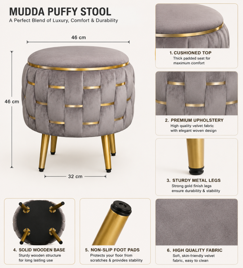 Half Knotted Ottoman Velvet Puffy Stool Set of 2 | Round Upholstered Foot Rest with Golden Metal Accent & Solid Wood Legs | Luxury Ottoman for Living Room, Bedroom, Makeup Vanity & Dressing Table | 15 x 15 Inch (38 x 38 cm)