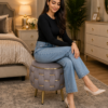 Half Knotted Ottoman Velvet Puffy Stool Set of 2 | Round Upholstered Foot Rest with Golden Metal Accent & Solid Wood Legs | Luxury Ottoman for Living Room, Bedroom, Makeup Vanity & Dressing Table | 15 x 15 Inch (38 x 38 cm)