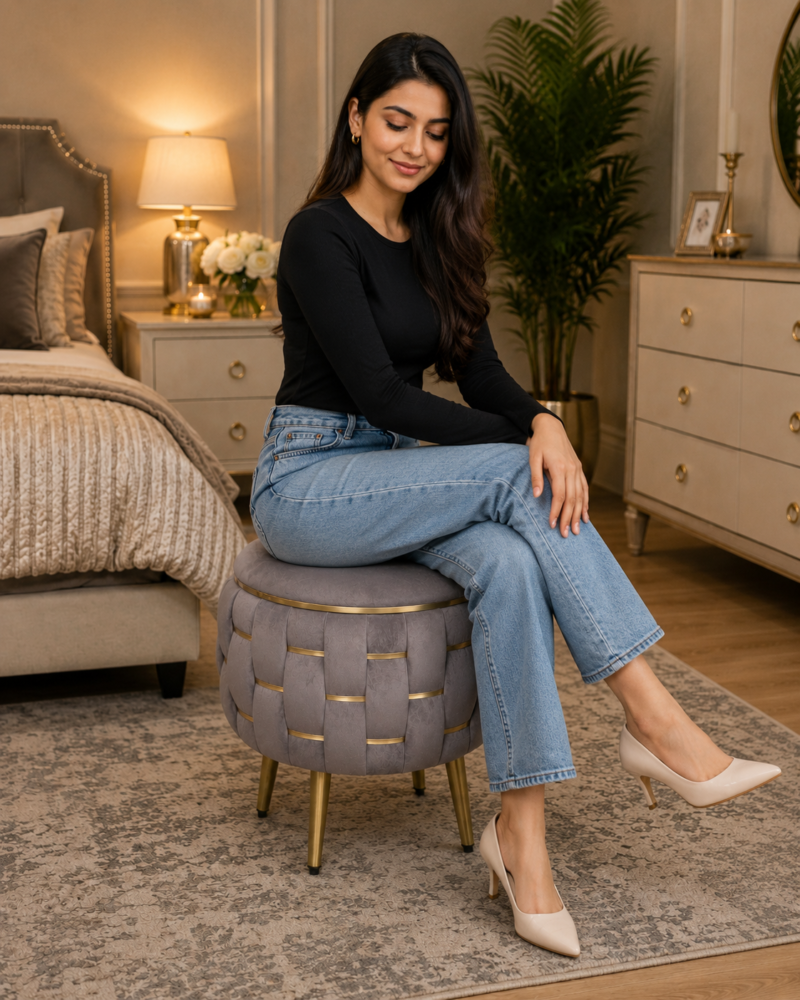 Half Knotted Ottoman Velvet Puffy Stool Set of 2 | Round Upholstered Foot Rest with Golden Metal Accent & Solid Wood Legs | Luxury Ottoman for Living Room, Bedroom, Makeup Vanity & Dressing Table | 15 x 15 Inch (38 x 38 cm)