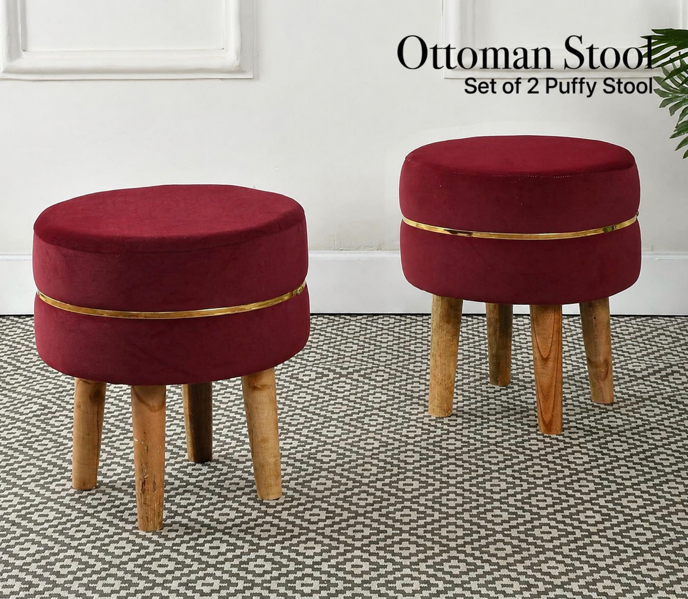Velvet Ottoman Stool | Round Foot Rest for Living Room | Dressing Table Makeup Stool | Upholstered Puffy Seat with Solid Wood Legs | Bedroom, Vanity & Home Decor | 38 x 38 cm (15 x 15 Inch) Set of 2