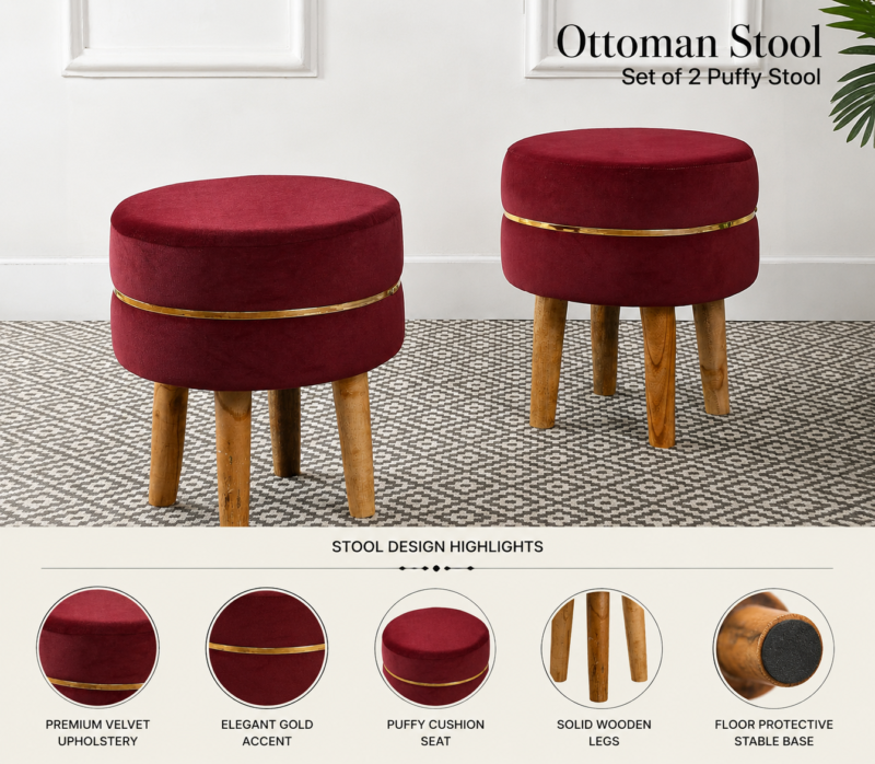 Velvet Ottoman Stool | Round Foot Rest for Living Room | Dressing Table Makeup Stool | Upholstered Puffy Seat with Solid Wood Legs | Bedroom, Vanity & Home Decor | 38 x 38 cm (15 x 15 Inch) Set of 2