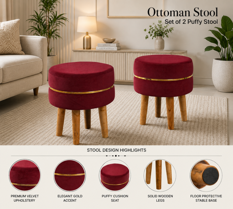 Velvet Ottoman Stool | Round Foot Rest for Living Room | Dressing Table Makeup Stool | Upholstered Puffy Seat with Solid Wood Legs | Bedroom, Vanity & Home Decor | 38 x 38 cm (15 x 15 Inch) Set of 2