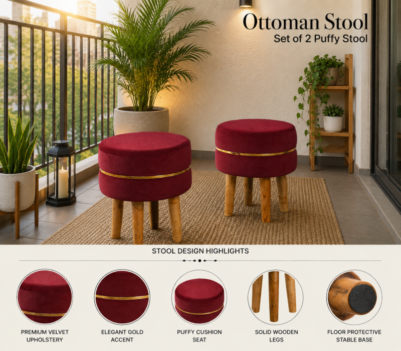 Velvet Ottoman Stool | Round Foot Rest for Living Room | Dressing Table Makeup Stool | Upholstered Puffy Seat with Solid Wood Legs | Bedroom, Vanity & Home Decor | 38 x 38 cm (15 x 15 Inch) Set of 2