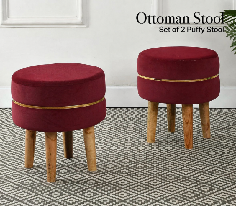 Velvet Ottoman Stool | Round Foot Rest for Living Room | Dressing Table Makeup Stool | Upholstered Puffy Seat with Solid Wood Legs | Bedroom, Vanity & Home Decor | 38 x 38 cm (15 x 15 Inch) Set of 2