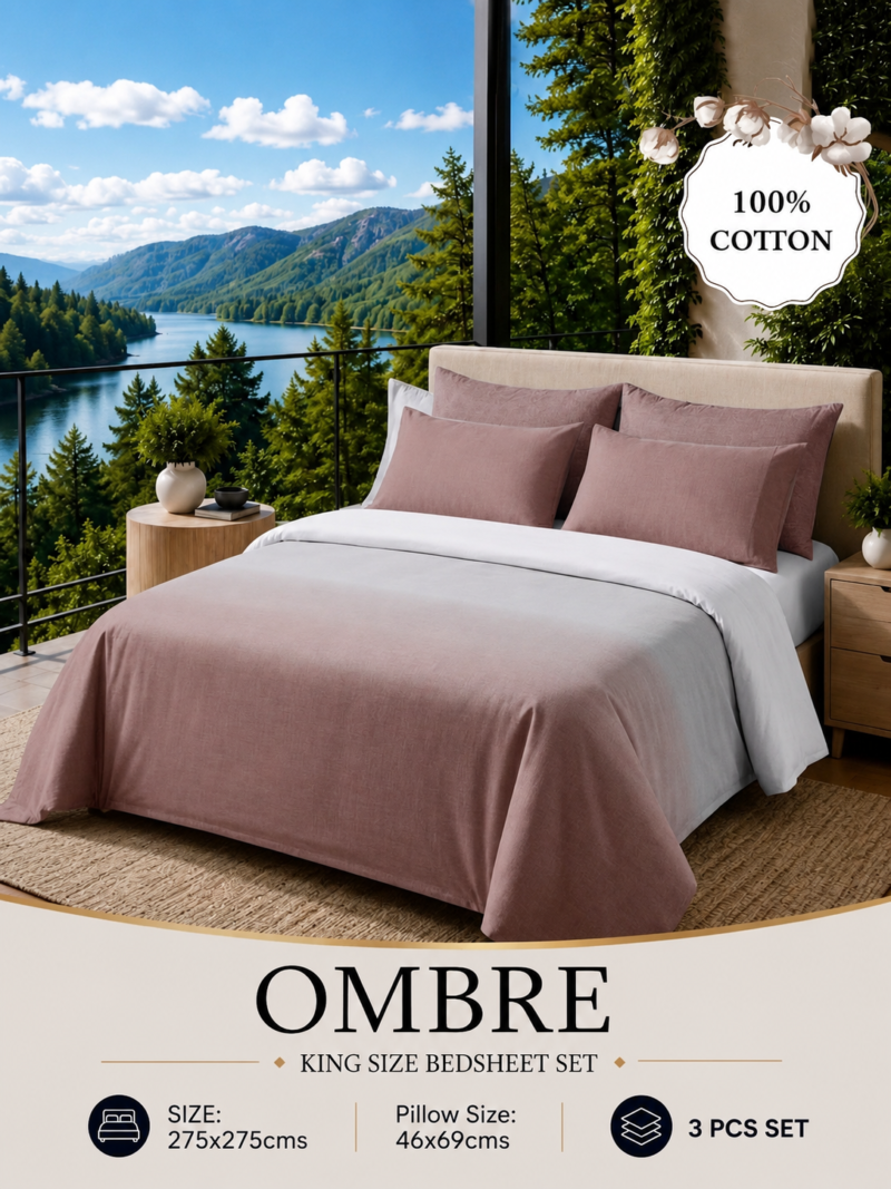 OMBRE Pure Cotton Premium size Bedsheet with 2 Pillow Covers | 300 TC | Textured Print | 108 x 108 Inches | Soft, Breathable, Skin Friendly & Fade Resistant | PVC Packing |
