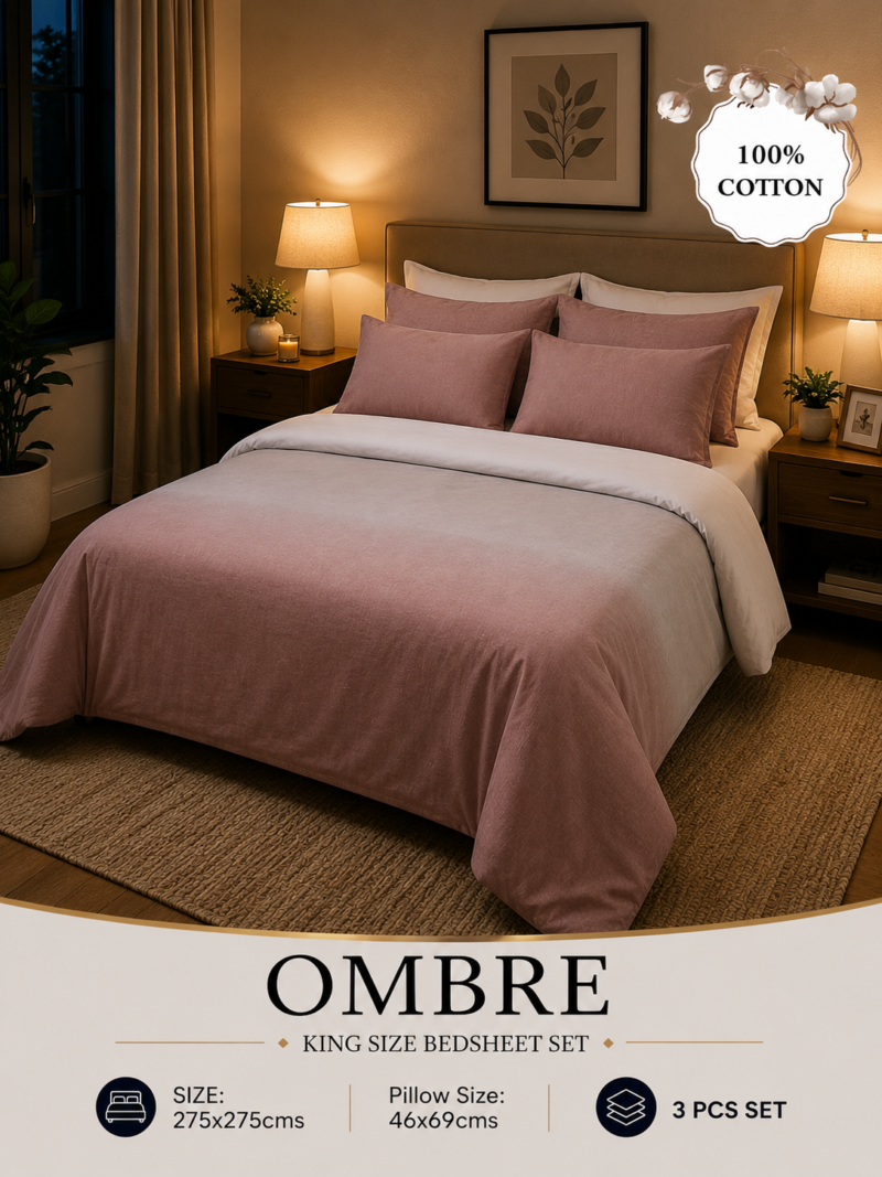 OMBRE Pure Cotton Premium size Bedsheet with 2 Pillow Covers | 300 TC | Textured Print | 108 x 108 Inches | Soft, Breathable, Skin Friendly & Fade Resistant | PVC Packing |