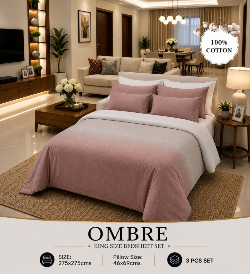 OMBRE Pure Cotton Premium size Bedsheet with 2 Pillow Covers | 300 TC | Textured Print | 108 x 108 Inches | Soft, Breathable, Skin Friendly & Fade Resistant | PVC Packing |