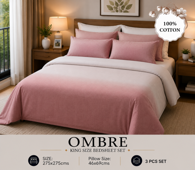 OMBRE Pure Cotton Premium size Bedsheet with 2 Pillow Covers | 300 TC | Textured Print | 108 x 108 Inches | Soft, Breathable, Skin Friendly & Fade Resistant | PVC Packing |