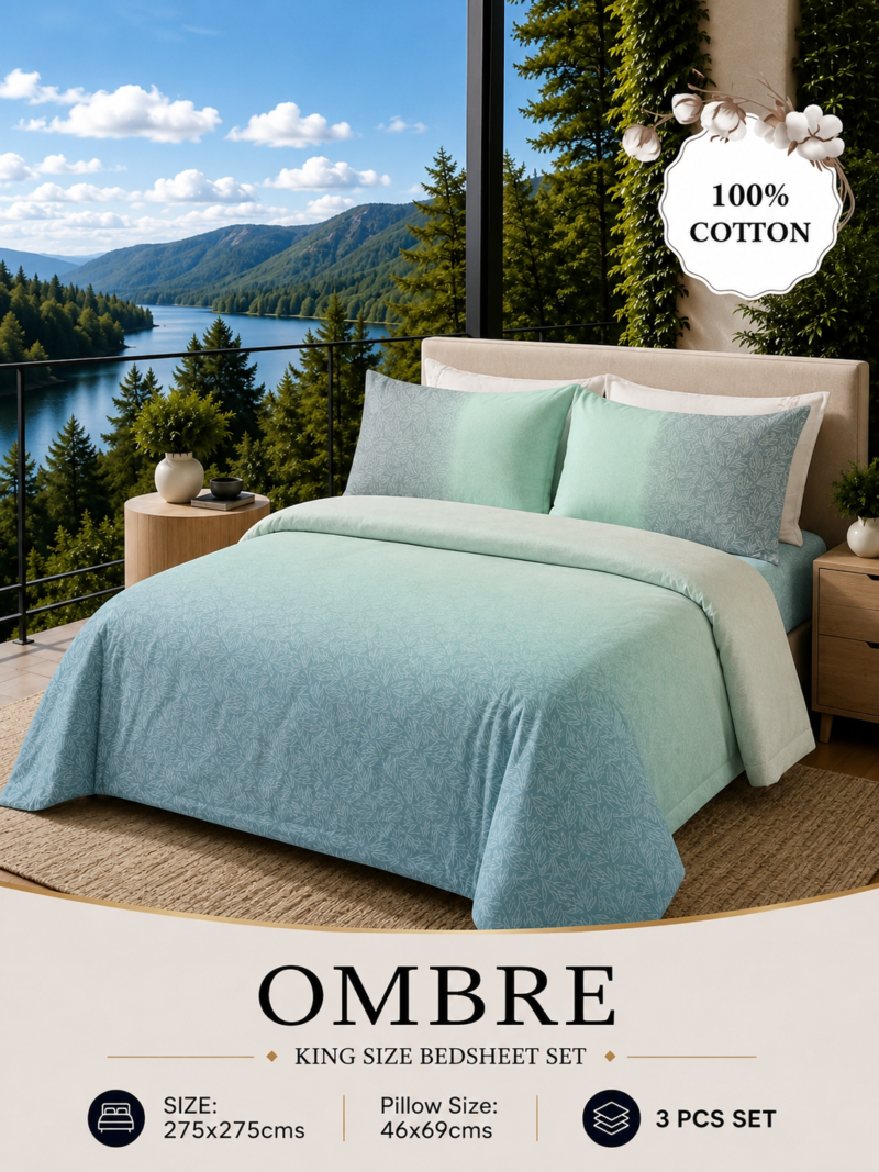 OMBRE Pure Cotton Premium size Bedsheet with 2 Pillow Covers | 300 TC | Textured Print | 108 x 108 Inches | Soft, Breathable, Skin Friendly & Fade Resistant | PVC Packing |