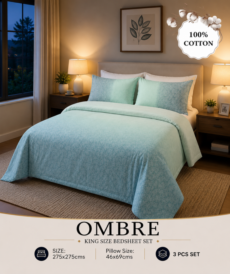OMBRE Pure Cotton Premium size Bedsheet with 2 Pillow Covers | 300 TC | Textured Print | 108 x 108 Inches | Soft, Breathable, Skin Friendly & Fade Resistant | PVC Packing |