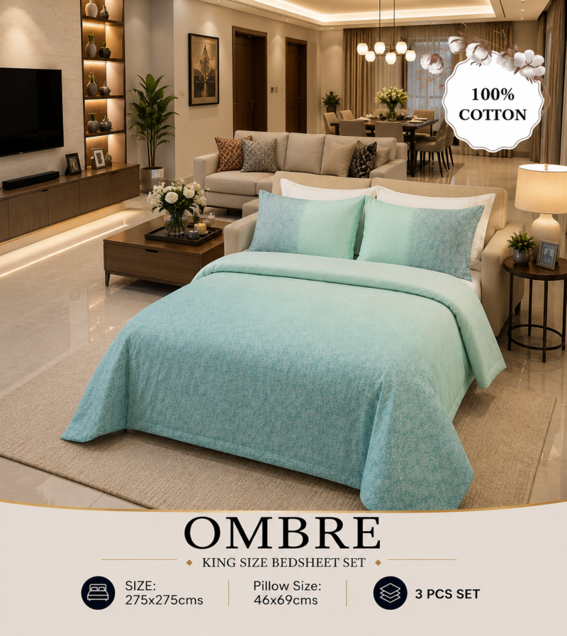 OMBRE Pure Cotton Premium size Bedsheet with 2 Pillow Covers | 300 TC | Textured Print | 108 x 108 Inches | Soft, Breathable, Skin Friendly & Fade Resistant | PVC Packing |