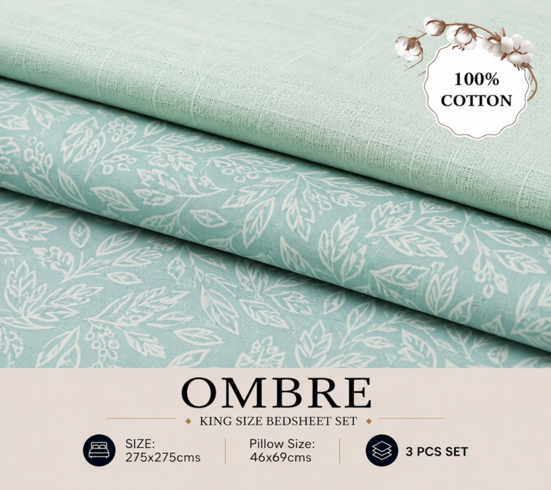OMBRE Pure Cotton Premium size Bedsheet with 2 Pillow Covers | 300 TC | Textured Print | 108 x 108 Inches | Soft, Breathable, Skin Friendly & Fade Resistant | PVC Packing |