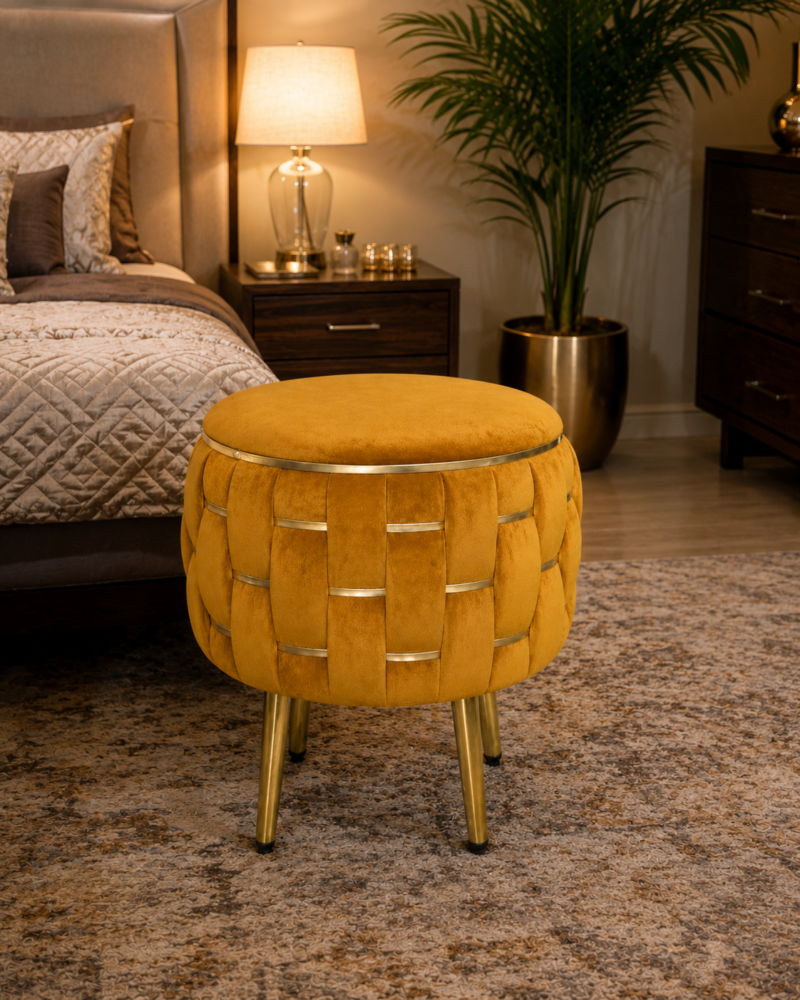 Half Knotted Ottoman Velvet Puffy Stool Set of 2 | Round Upholstered Foot Rest with Golden Metal Accent & Solid Wood Legs | Luxury Ottoman for Living Room, Bedroom, Makeup Vanity & Dressing Table | 15 x 15 Inch (38 x 38 cm)