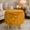 Half Knotted Ottoman Velvet Puffy Stool Set of 2 | Round Upholstered Foot Rest with Golden Metal Accent & Solid Wood Legs | Luxury Ottoman for Living Room, Bedroom, Makeup Vanity & Dressing Table | 15 x 15 Inch (38 x 38 cm)