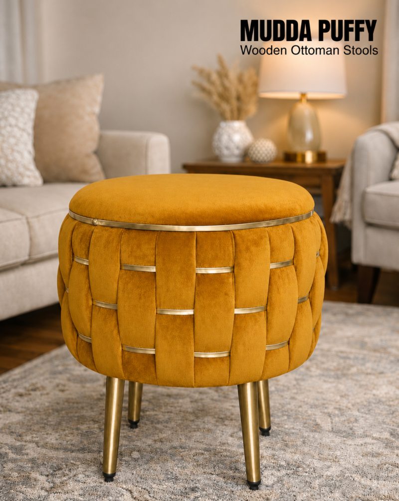 Half Knotted Ottoman Velvet Puffy Stool Set of 2 | Round Upholstered Foot Rest with Golden Metal Accent & Solid Wood Legs | Luxury Ottoman for Living Room, Bedroom, Makeup Vanity & Dressing Table | 15 x 15 Inch (38 x 38 cm)