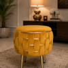 Half Knotted Ottoman Velvet Puffy Stool Set of 2 | Round Upholstered Foot Rest with Golden Metal Accent & Solid Wood Legs | Luxury Ottoman for Living Room, Bedroom, Makeup Vanity & Dressing Table | 15 x 15 Inch (38 x 38 cm)