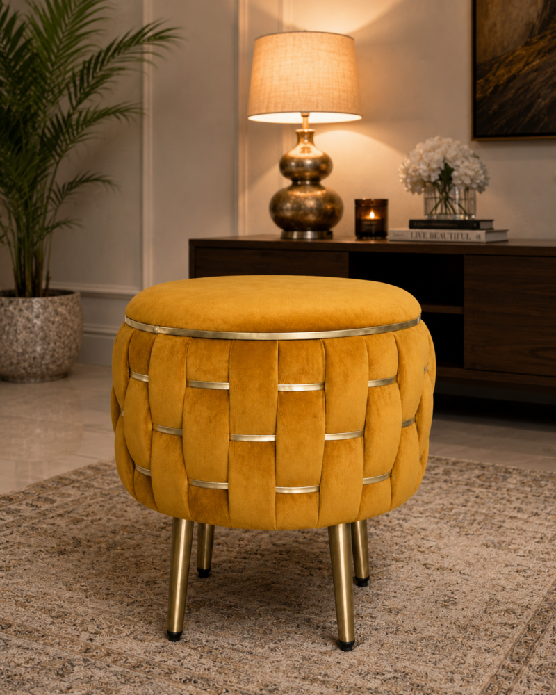 Half Knotted Ottoman Velvet Puffy Stool Set of 2 | Round Upholstered Foot Rest with Golden Metal Accent & Solid Wood Legs | Luxury Ottoman for Living Room, Bedroom, Makeup Vanity & Dressing Table | 15 x 15 Inch (38 x 38 cm)
