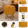 Half Knotted Ottoman Velvet Puffy Stool Set of 2 | Round Upholstered Foot Rest with Golden Metal Accent & Solid Wood Legs | Luxury Ottoman for Living Room, Bedroom, Makeup Vanity & Dressing Table | 15 x 15 Inch (38 x 38 cm)