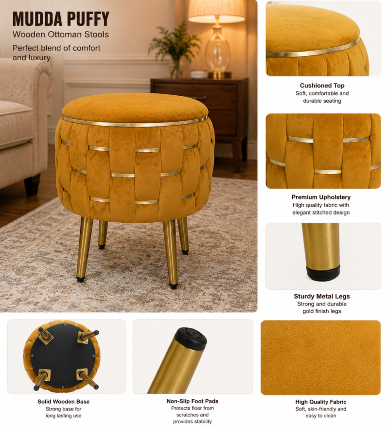 Half Knotted Ottoman Velvet Puffy Stool Set of 2 | Round Upholstered Foot Rest with Golden Metal Accent & Solid Wood Legs | Luxury Ottoman for Living Room, Bedroom, Makeup Vanity & Dressing Table | 15 x 15 Inch (38 x 38 cm)