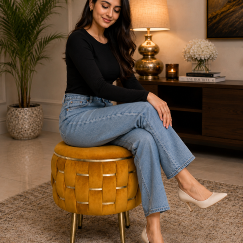 Half Knotted Ottoman Velvet Puffy Stool Set of 2 | Round Upholstered Foot Rest with Golden Metal Accent & Solid Wood Legs | Luxury Ottoman for Living Room, Bedroom, Makeup Vanity & Dressing Table | 15 x 15 Inch (38 x 38 cm)