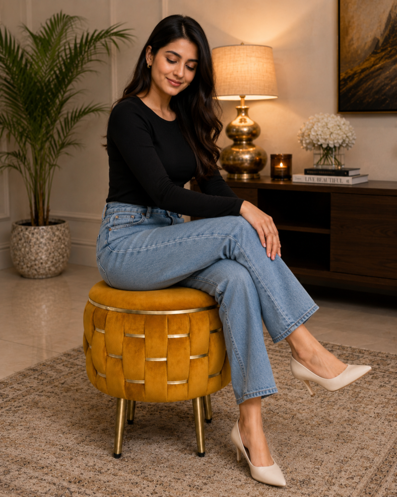 Half Knotted Ottoman Velvet Puffy Stool Set of 2 | Round Upholstered Foot Rest with Golden Metal Accent & Solid Wood Legs | Luxury Ottoman for Living Room, Bedroom, Makeup Vanity & Dressing Table | 15 x 15 Inch (38 x 38 cm)