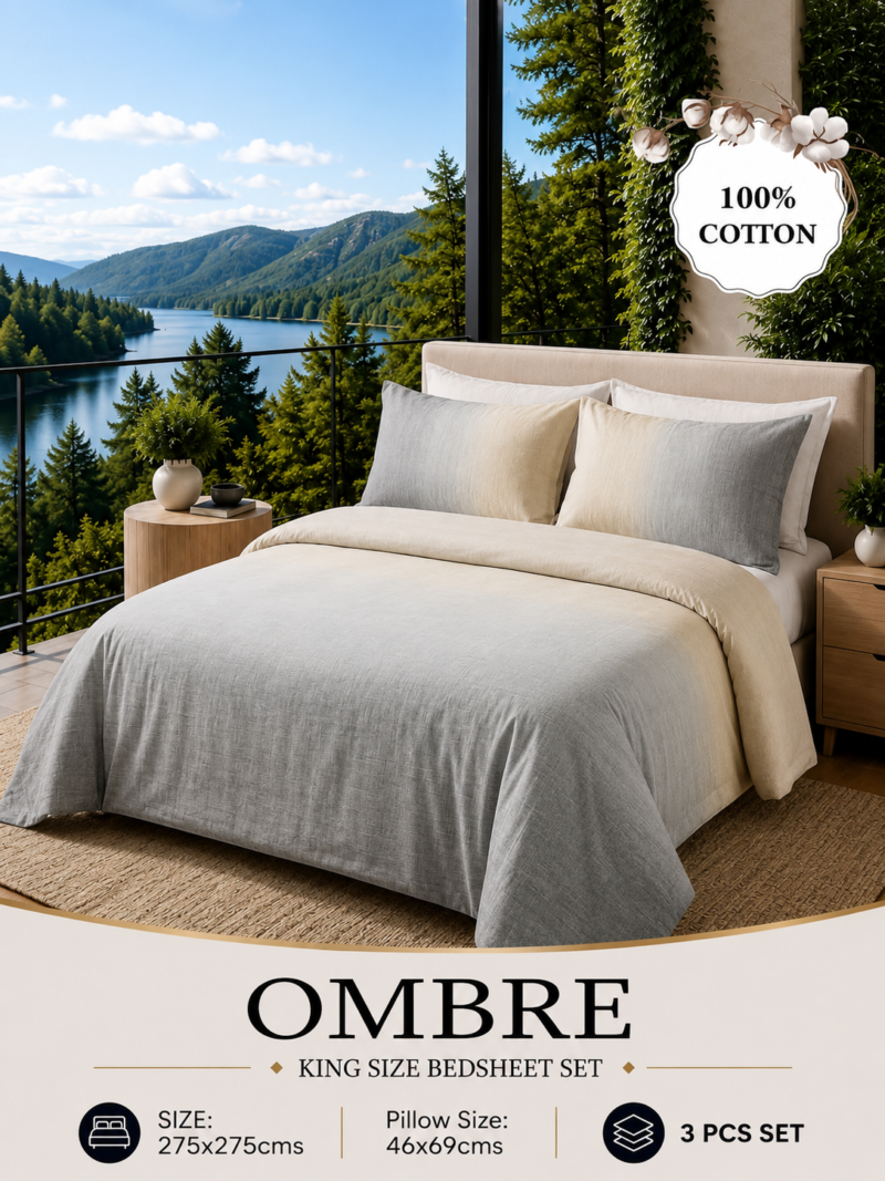 OMBRE Pure Cotton Premium size Bedsheet with 2 Pillow Covers | 300 TC | Textured Print | 108 x 108 Inches | Soft, Breathable, Skin Friendly & Fade Resistant | PVC Packing |