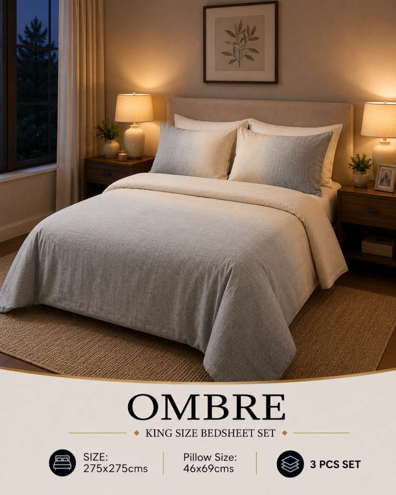 OMBRE Pure Cotton Premium size Bedsheet with 2 Pillow Covers | 300 TC | Textured Print | 108 x 108 Inches | Soft, Breathable, Skin Friendly & Fade Resistant | PVC Packing |