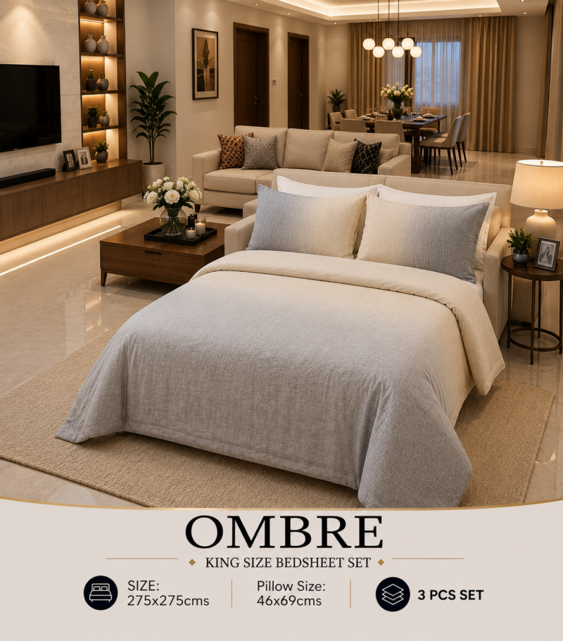 OMBRE Pure Cotton Premium size Bedsheet with 2 Pillow Covers | 300 TC | Textured Print | 108 x 108 Inches | Soft, Breathable, Skin Friendly & Fade Resistant | PVC Packing |