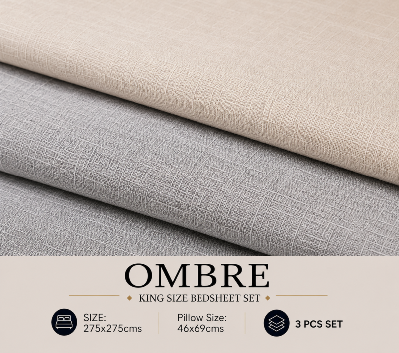 OMBRE Pure Cotton Premium size Bedsheet with 2 Pillow Covers | 300 TC | Textured Print | 108 x 108 Inches | Soft, Breathable, Skin Friendly & Fade Resistant | PVC Packing |
