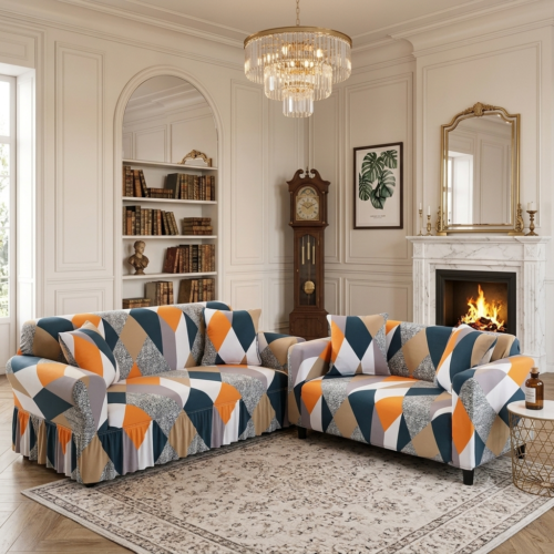 Orange & Grey 105 Printed Elastic Stretchable Sofa Cover set -Orange & Grey Geometric