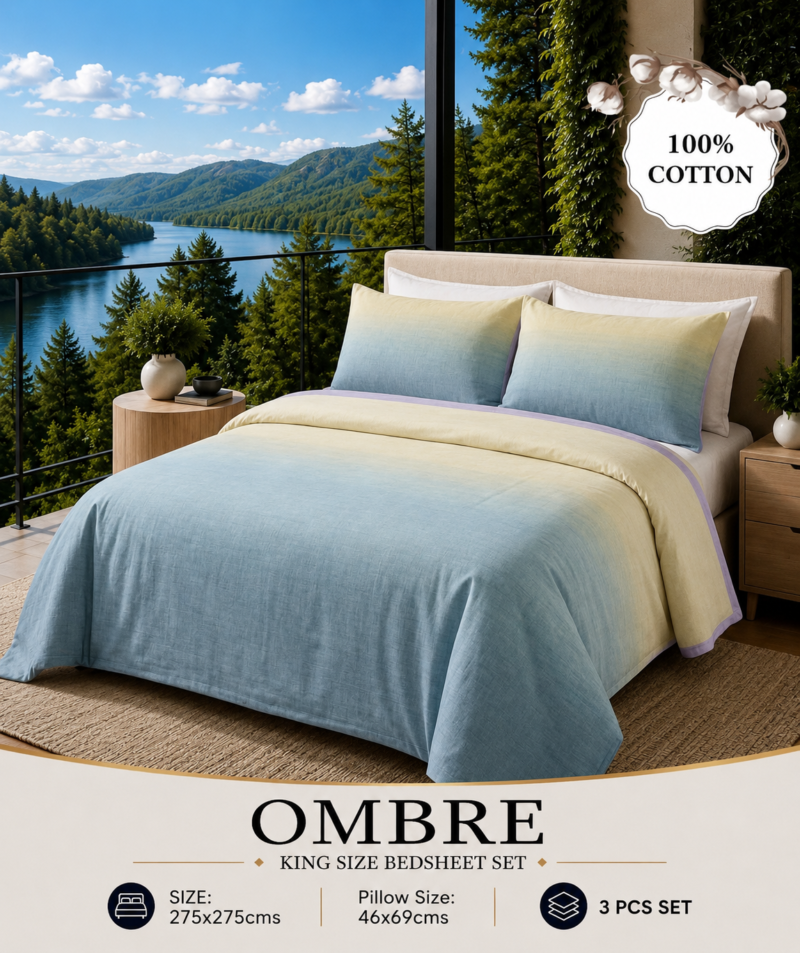 OMBRE Pure Cotton Premium size Bedsheet with 2 Pillow Covers | 300 TC | Textured Print | 108 x 108 Inches | Soft, Breathable, Skin Friendly & Fade Resistant | PVC Packing |