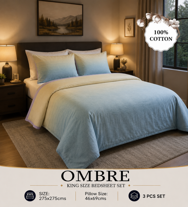 OMBRE Pure Cotton Premium size Bedsheet with 2 Pillow Covers | 300 TC | Textured Print | 108 x 108 Inches | Soft, Breathable, Skin Friendly & Fade Resistant | PVC Packing |