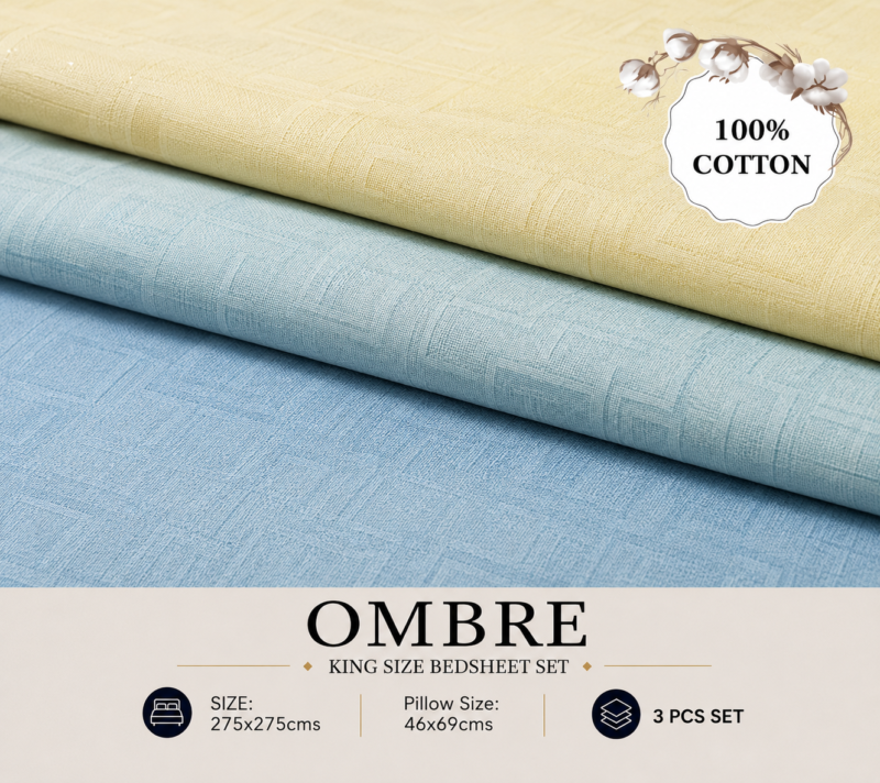 OMBRE Pure Cotton Premium size Bedsheet with 2 Pillow Covers | 300 TC | Textured Print | 108 x 108 Inches | Soft, Breathable, Skin Friendly & Fade Resistant | PVC Packing |